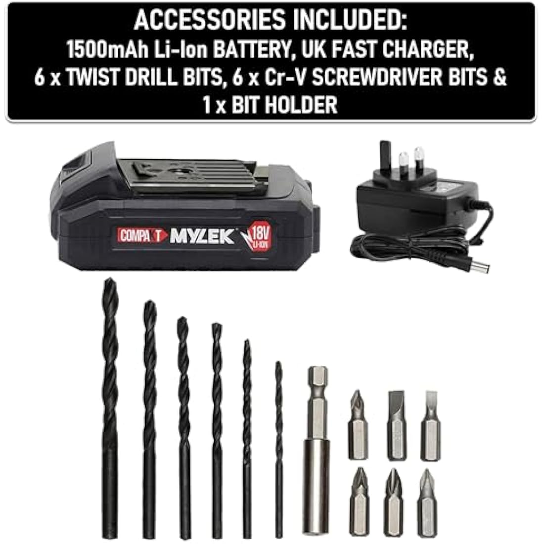 MYLEK 18V Cordless Drill & Electric Screwdriver Set with DIY Kit - Black