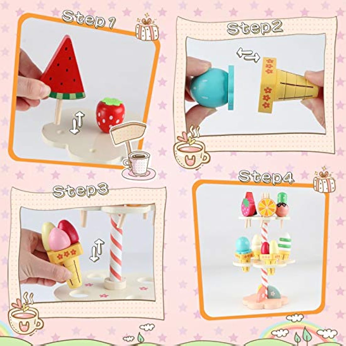 Wooden Ice Cream Stand – Pretend Play Kitchen Food Toy Set