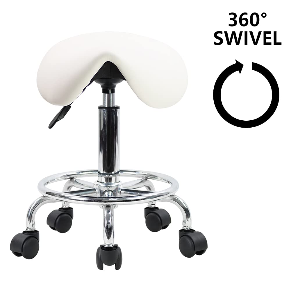 KKTONER White Saddle Stool with Footrest - Adjustable Rolling Salon Chair