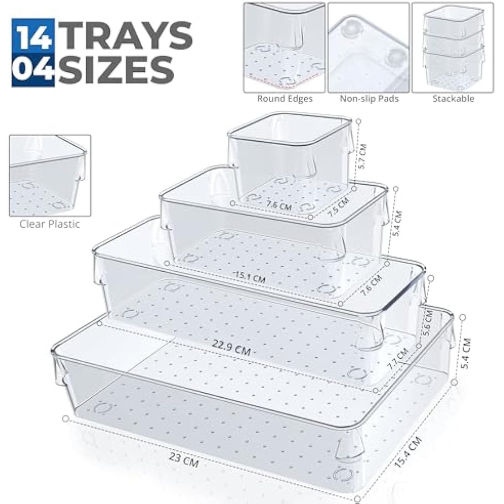 SMAZIUL 14 Pcs Clear Acrylic Drawer Organiser Set | 4 Sizes