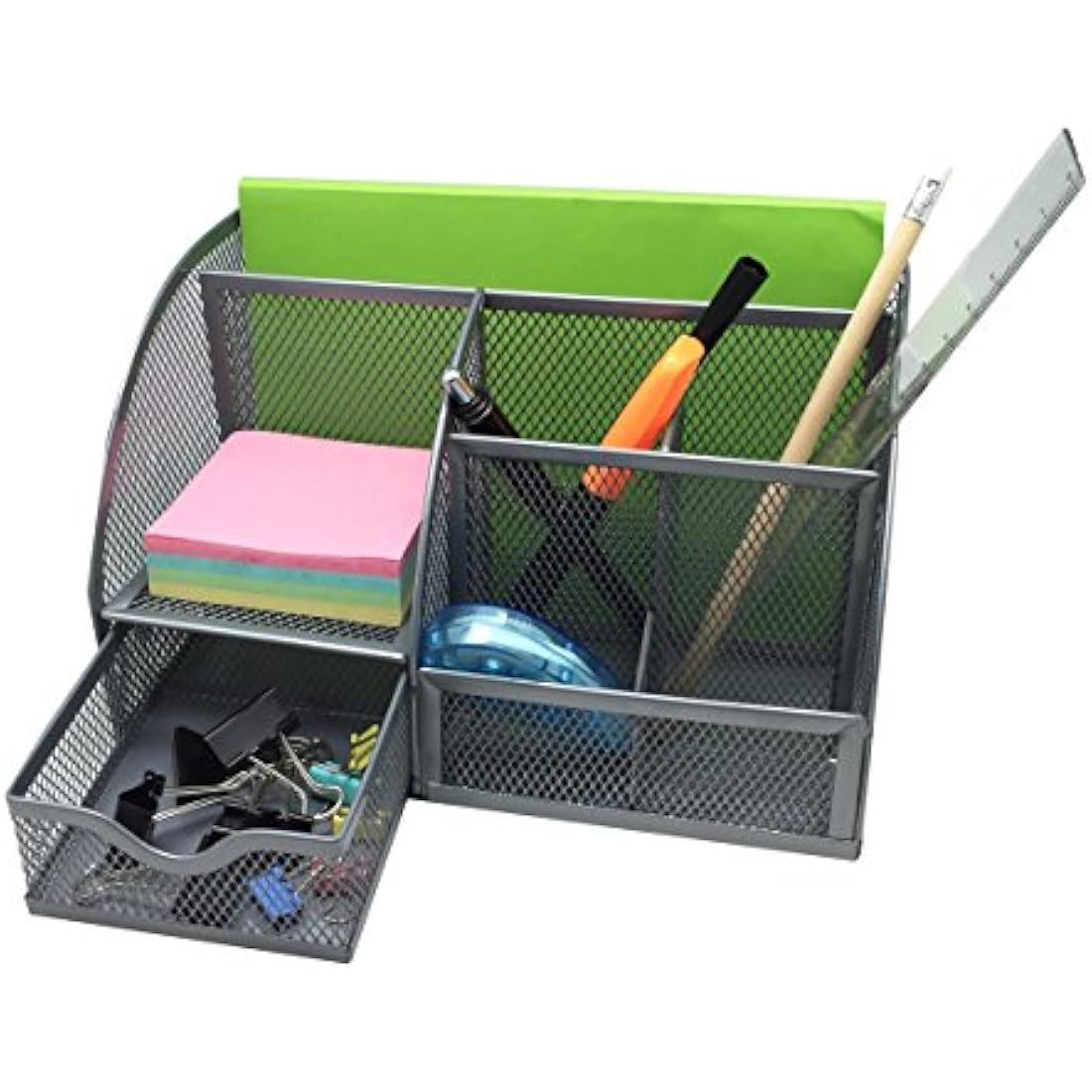Exerz Mesh Desk Organiser – 7 Compartment Metal Pen Holder, Silver Grey