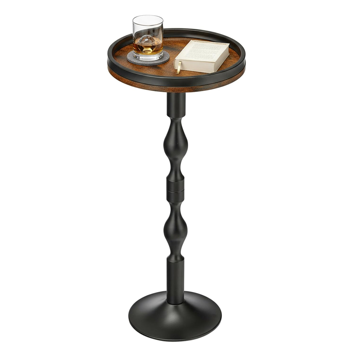 ZEXVIDA Industrial Round Side Table,Black Metal & Dark Wood Drinks Table with Tray Top, Rustic Martini End Table for Living Room - image 1