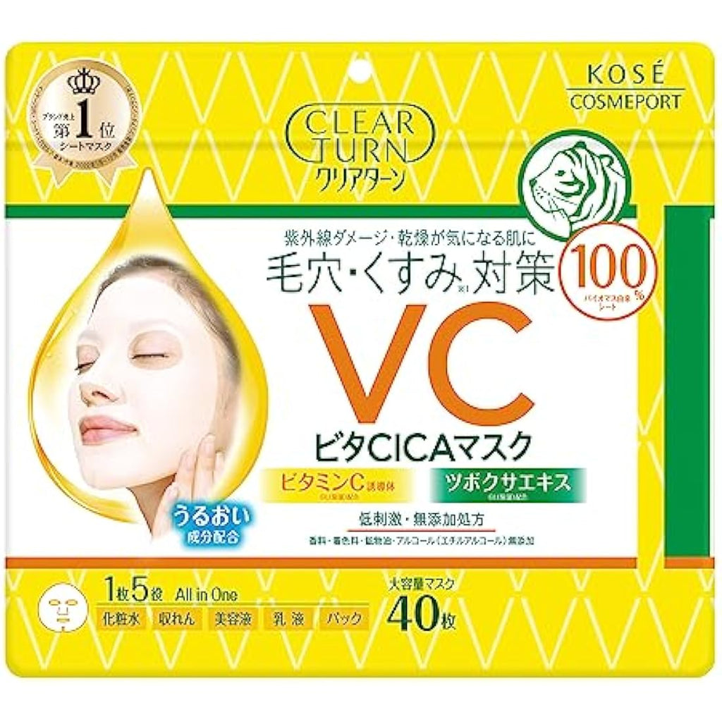 Kose Clear Turn Vita CICA Facial Mask – Brightening Sheet Mask, 40 Sheets