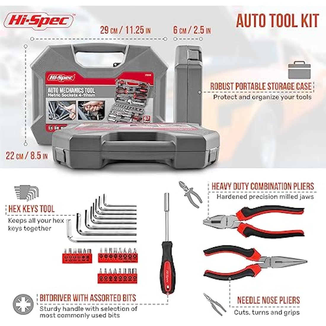 Hi-Spec 67pc Car Repair Tool Kit | Mechanics Socket Set with Toolbox