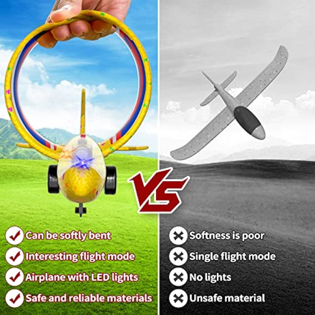 Doloowee 3-Pack LED Foam Glider Airplane Launcher Toys for Kids – Red