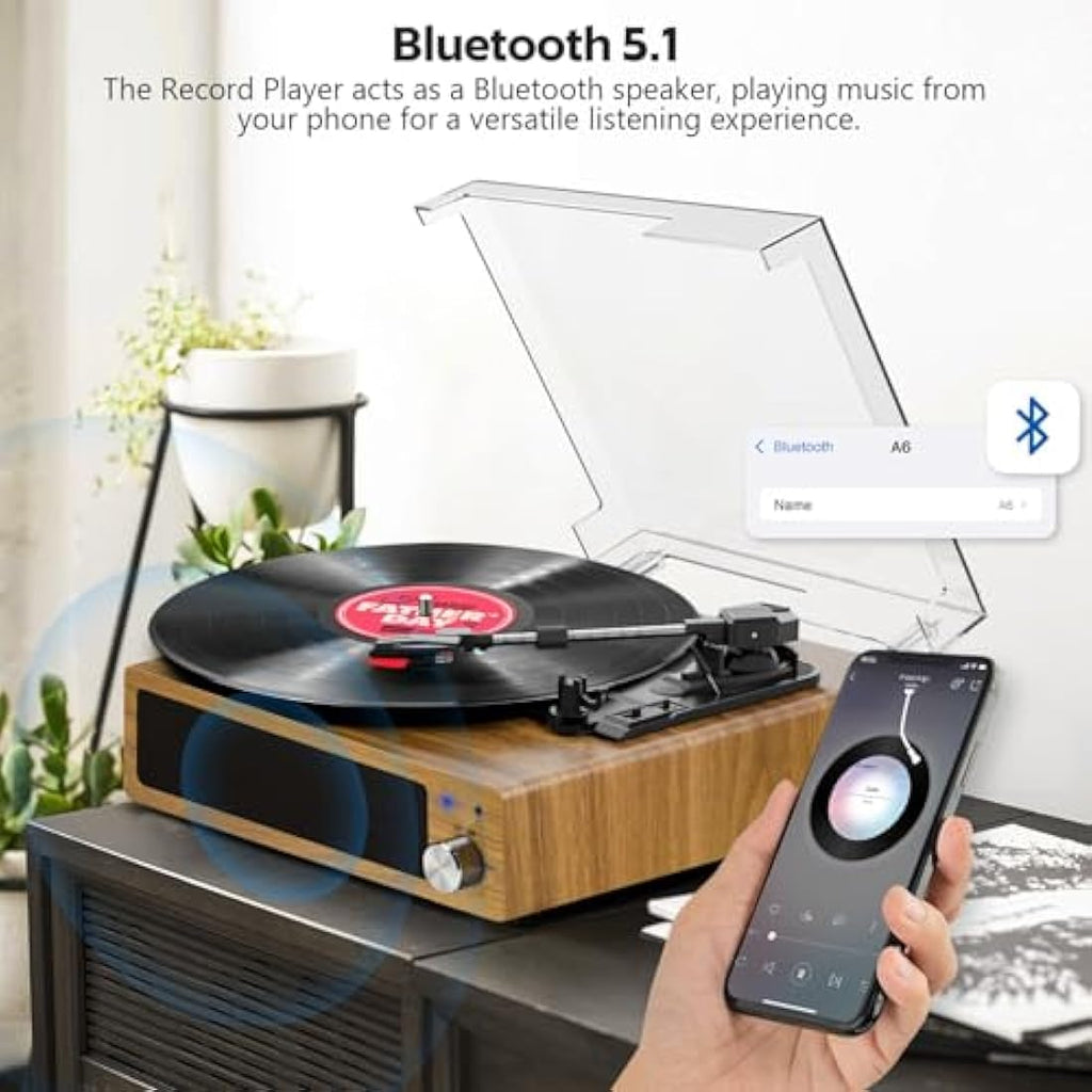 FYDEE Vinyl Record Player – 3-Speed Bluetooth Turntable, Natural Wood