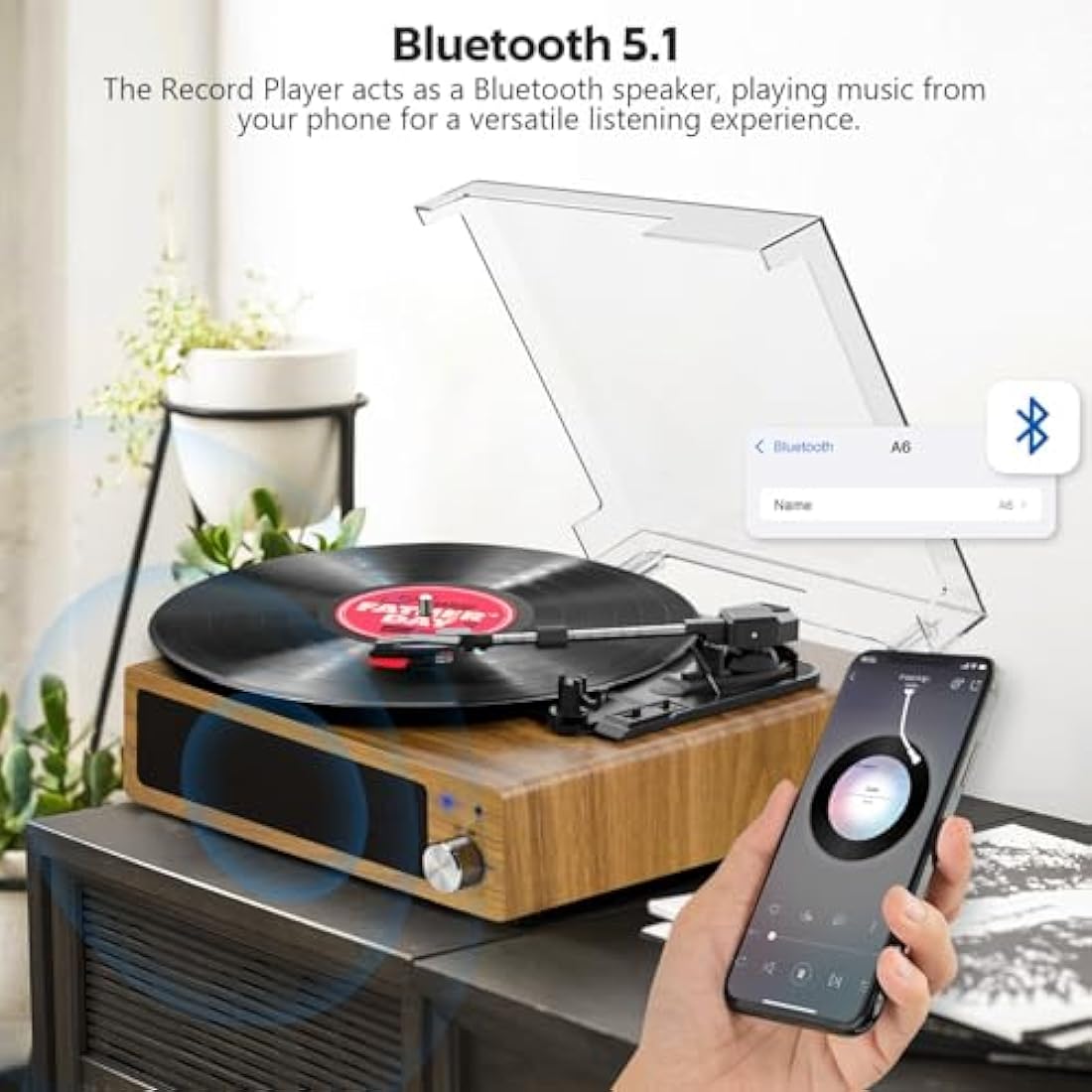 FYDEE Vinyl Record Player – 3-Speed Bluetooth Turntable, Natural Wood