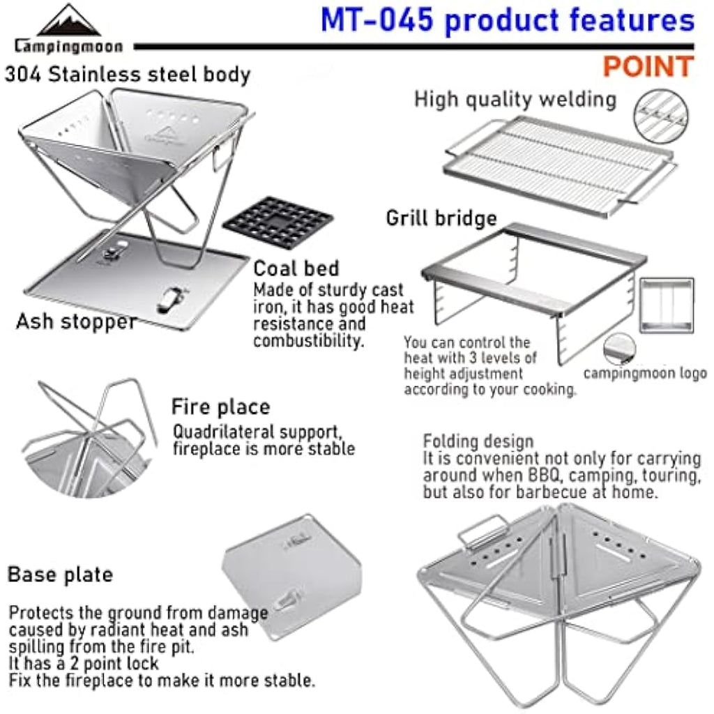 Campingmoon Foldable Stainless Steel BBQ Grill & Fire Pit - Large MT-045
