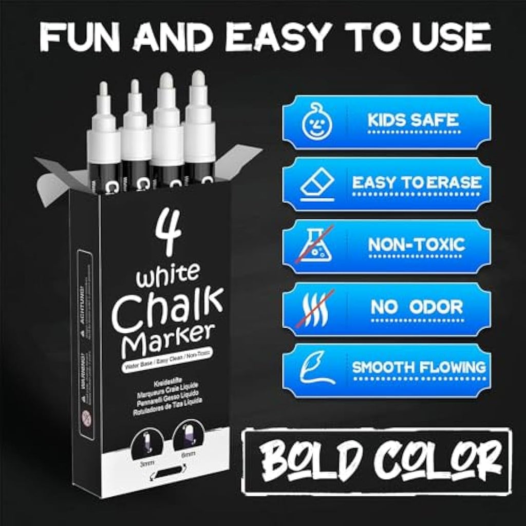 AOSUCO White Liquid Chalk Markers - 4 Pack with Reversible Tips & 45 Labels