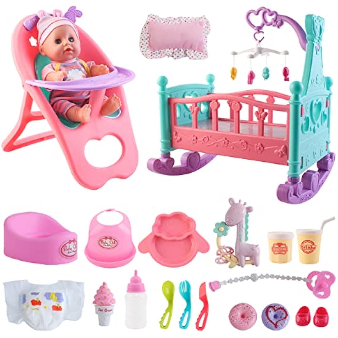 deAO My First Baby Doll Play Set – 21 Piece Toy Set with Crib & High Chair