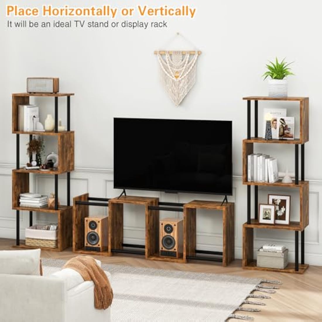 S-Shaped 5-Tier Tall Bookshelf | Rustic Brown Wood Bookcase