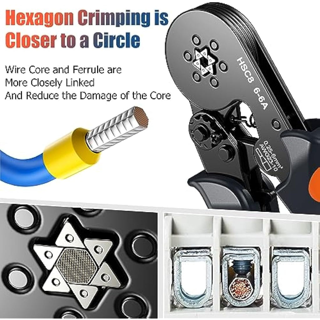 Preciva Ferrule Crimper Plier Set | 6-Sided Ratchet Tool with 1900 Connectors