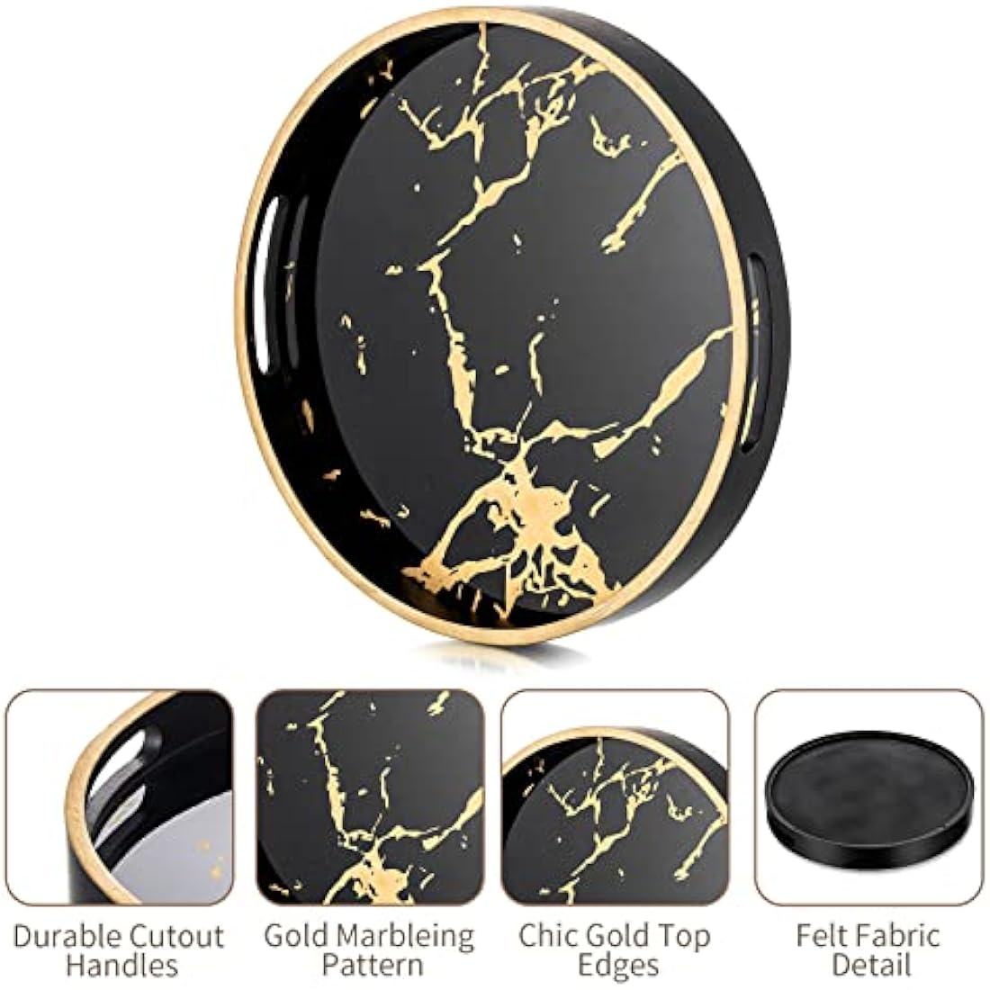 Hanobe Round Marble Pattern Wood Coffee Tray with Handles – Black, 12"