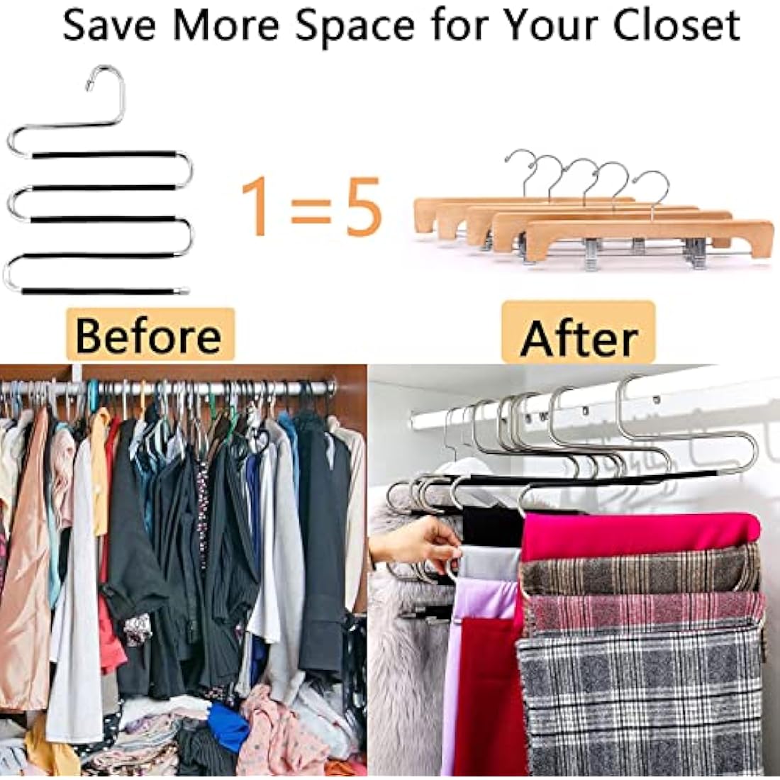Skroad 10-Pack S-Type Stainless Steel Pants Hangers, Space Saving Organizers