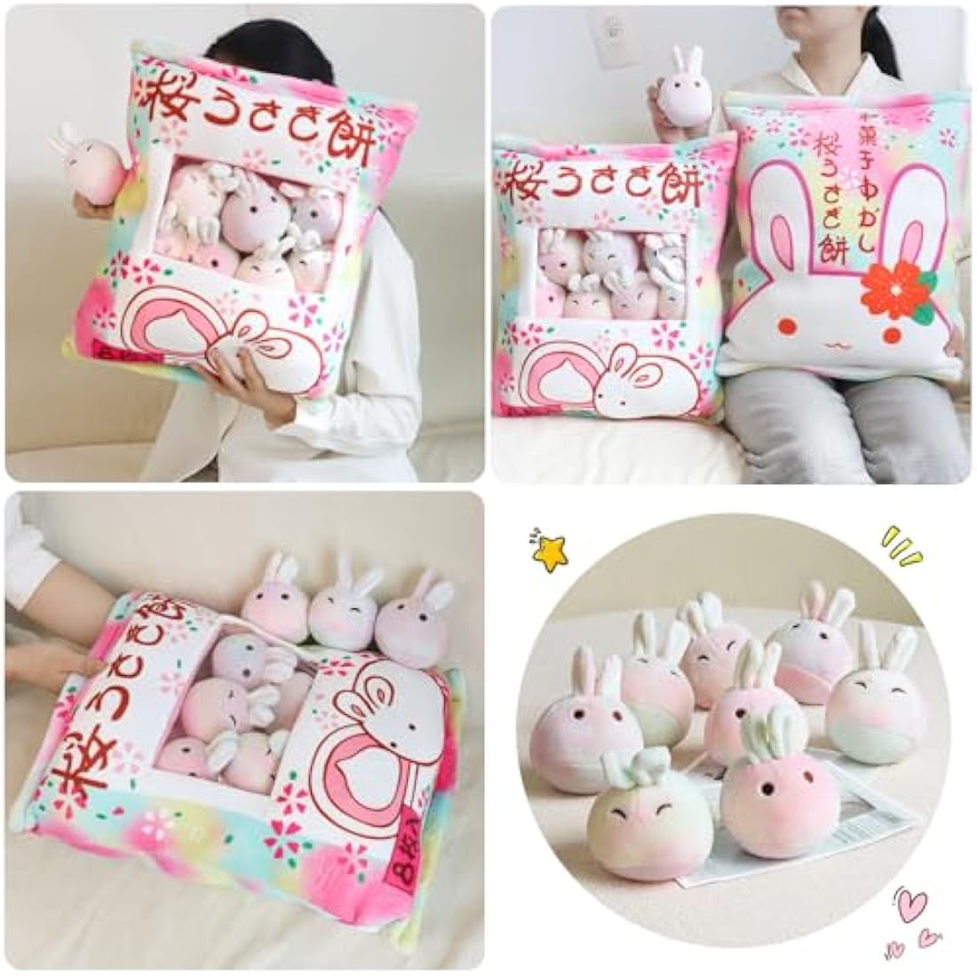 Kawaii Bunny Snack Pillow | 6 Removable Rabbit Plush Toys