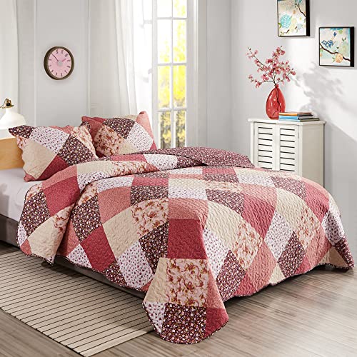 Qucover Super King Patchwork Quilted Bedspread - Red Floral Microfiber Set