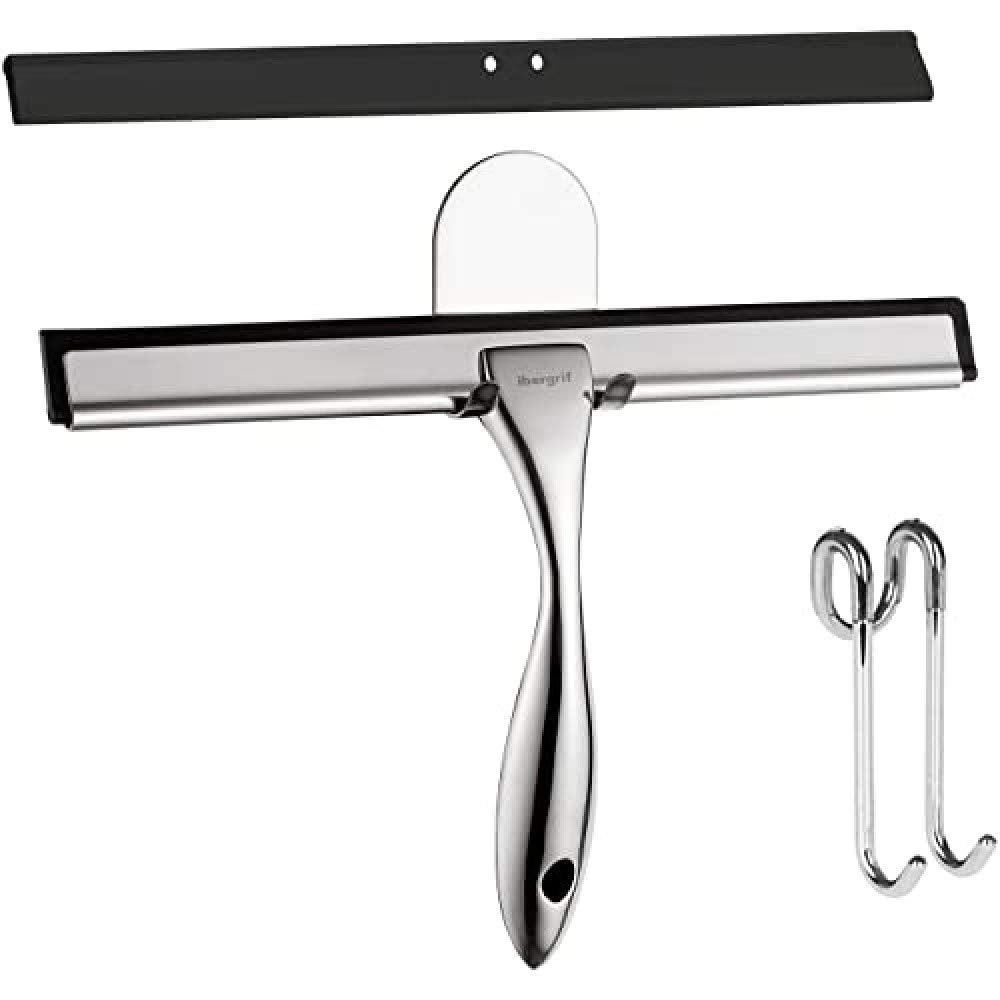 Ibergrif Silicone Shower Squeegee | Stainless Steel Window Cleaner with Hooks