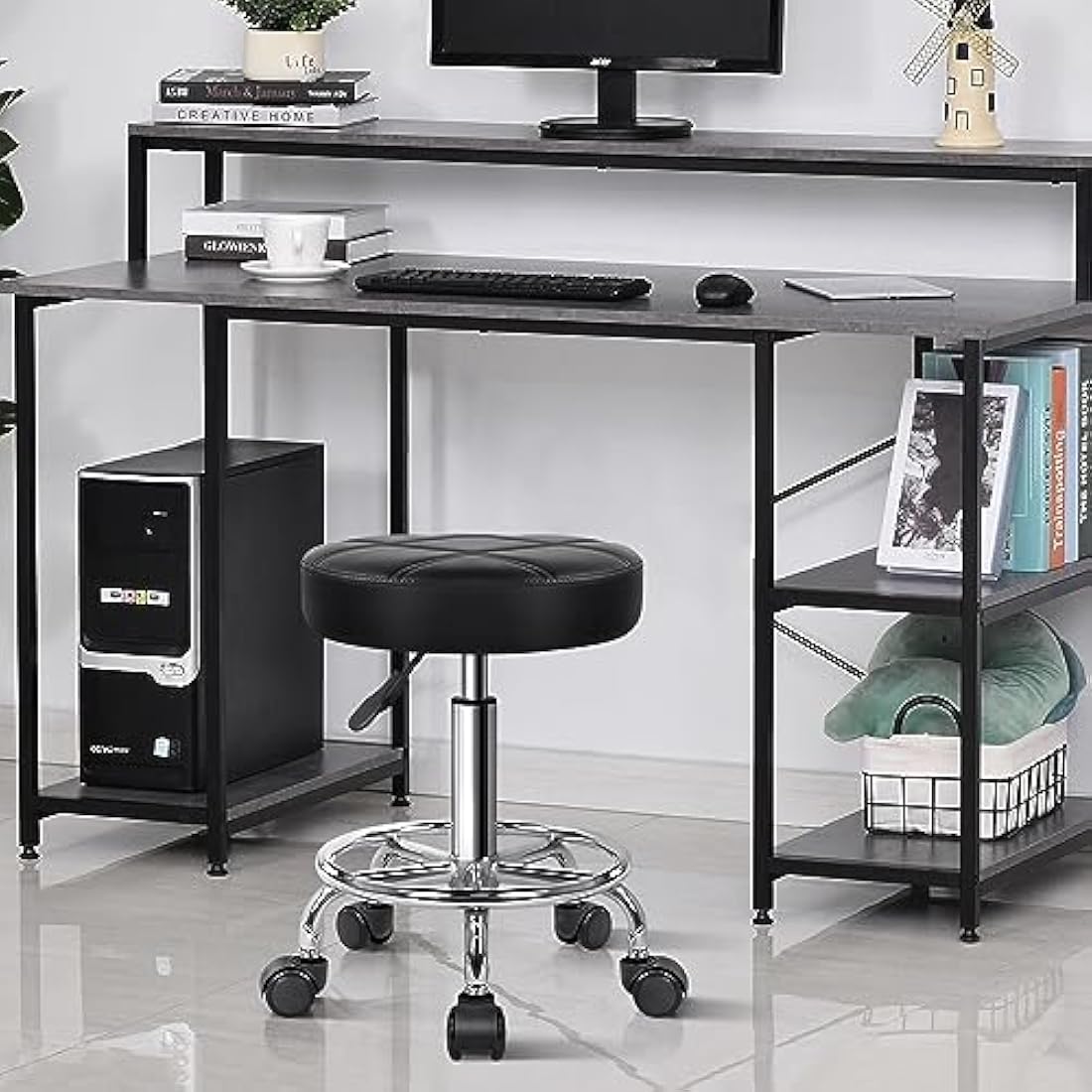 KKTONER Round Rolling Stool - Adjustable PU Leather Swivel Salon Chair