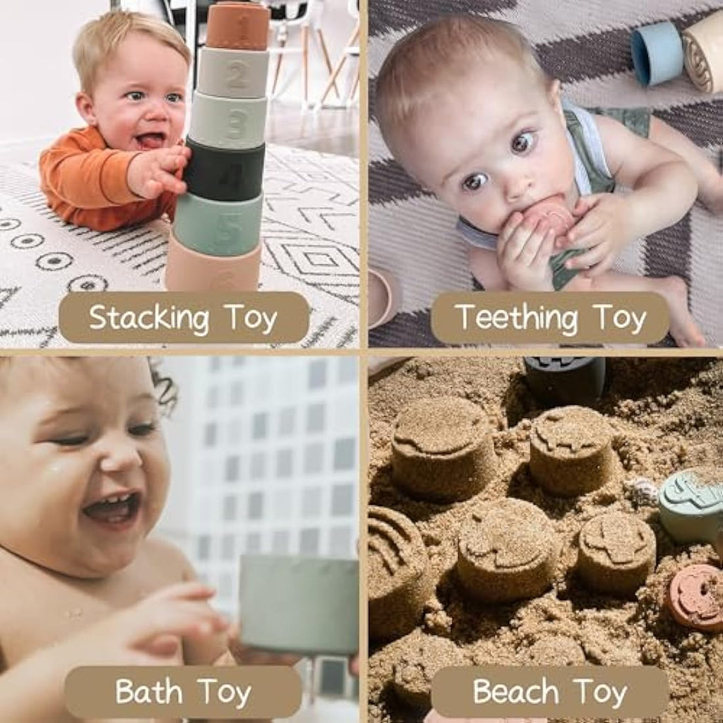 Moonkie Silicone Stacking Cups – 7 Piece Food Grade Baby Teether Toy