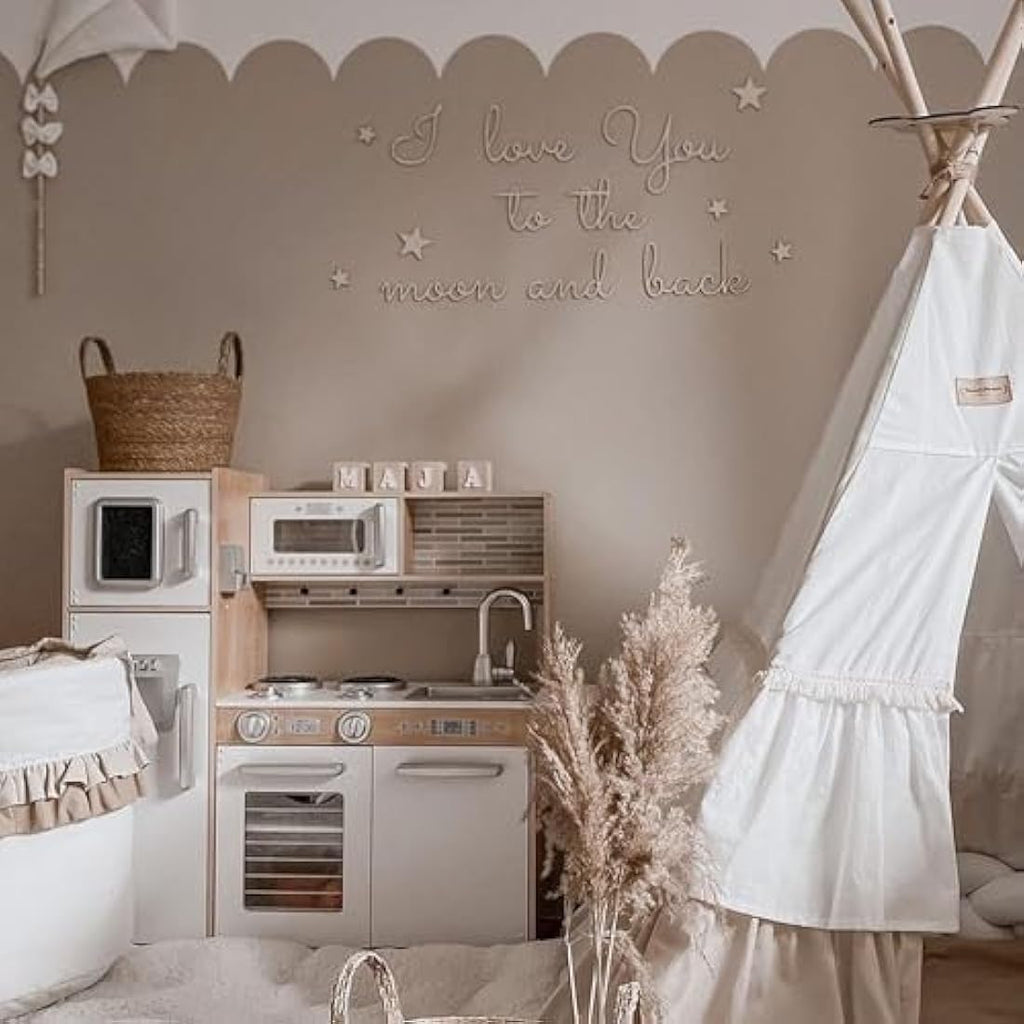 Wooden Play Kitchen for Kids with LED Lights – Natural Wood