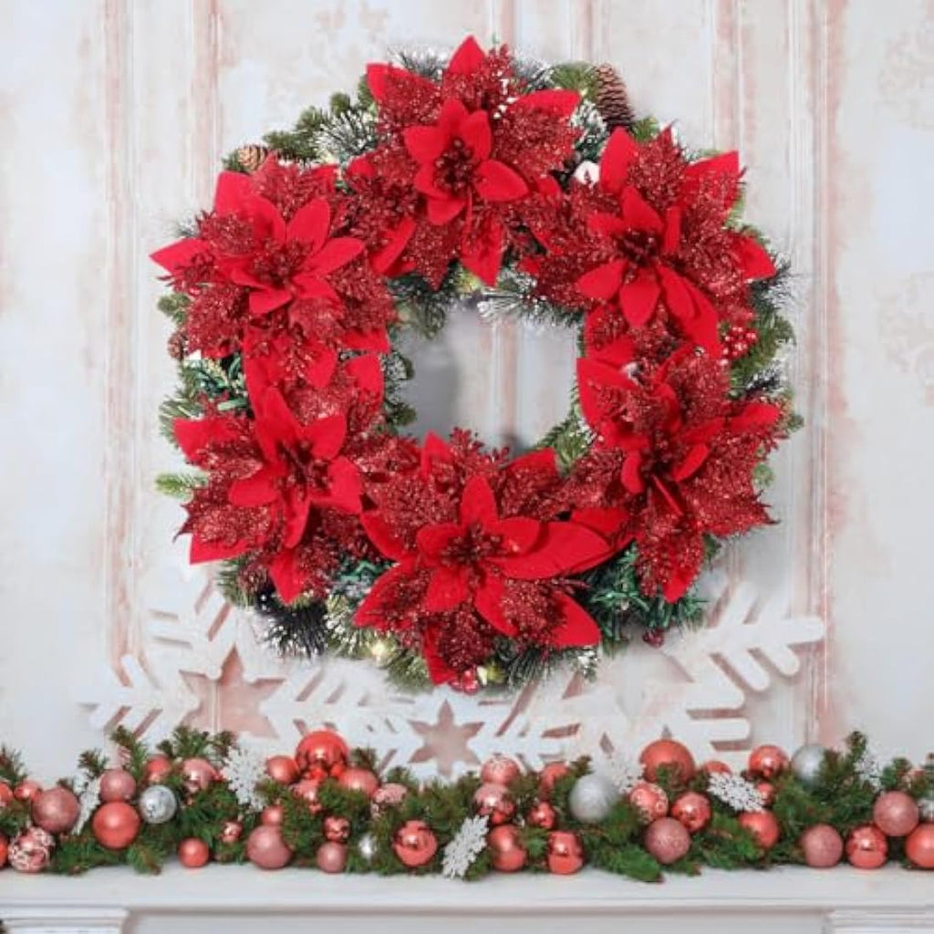 12 Pack Red Glitter Poinsettia Artificial Christmas Flowers
