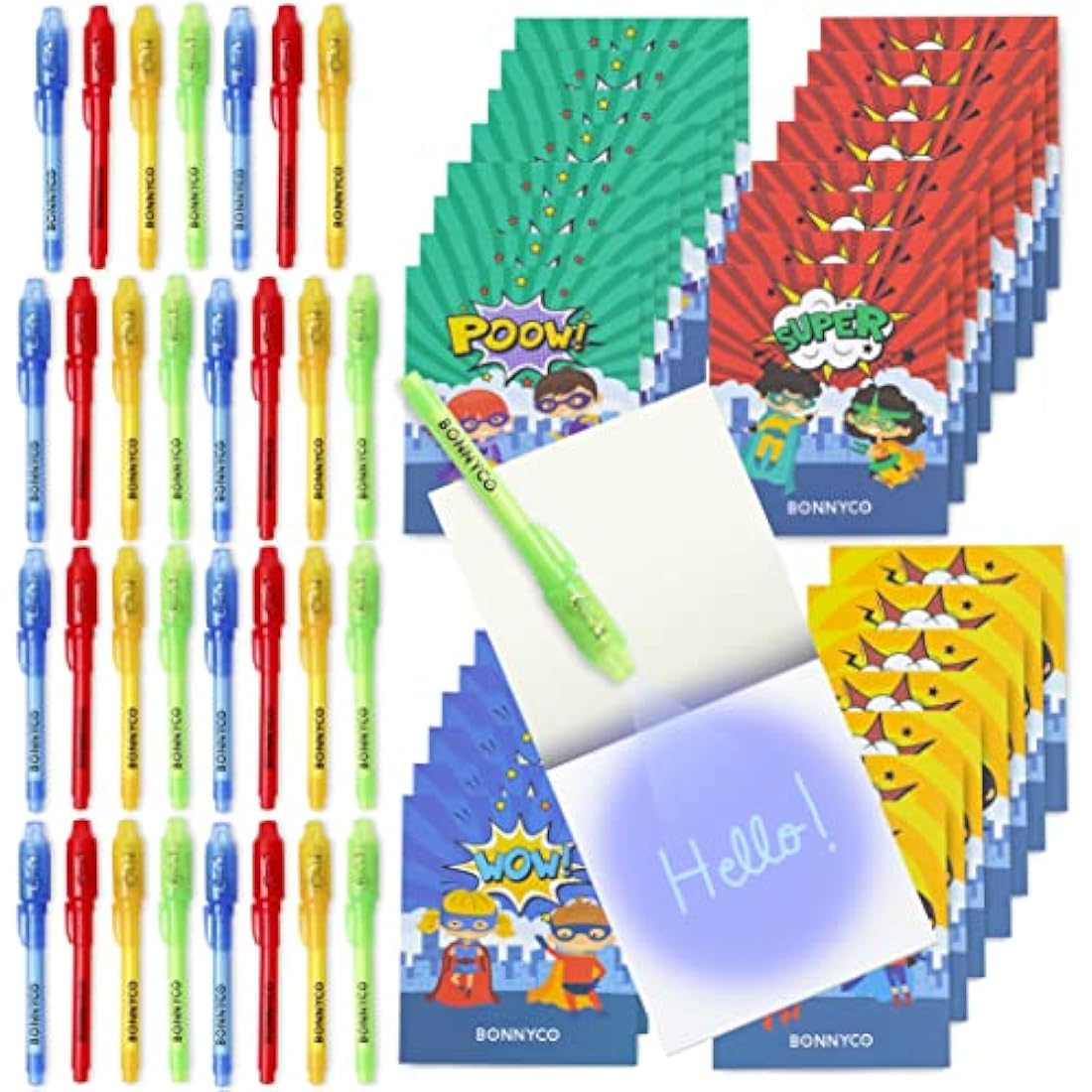 BONNYCO Superhero Invisible Ink Pen and Notebook Set - 32 Pack Party Fillers