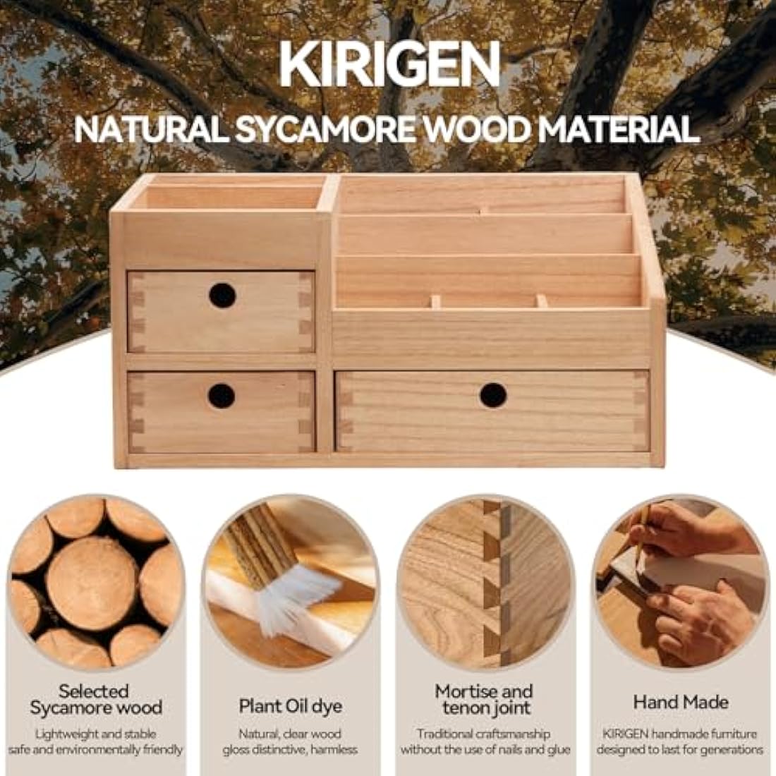 KIRIGEN Wooden Makeup Organizer | 3-Drawer Large Cosmetic Storage Box