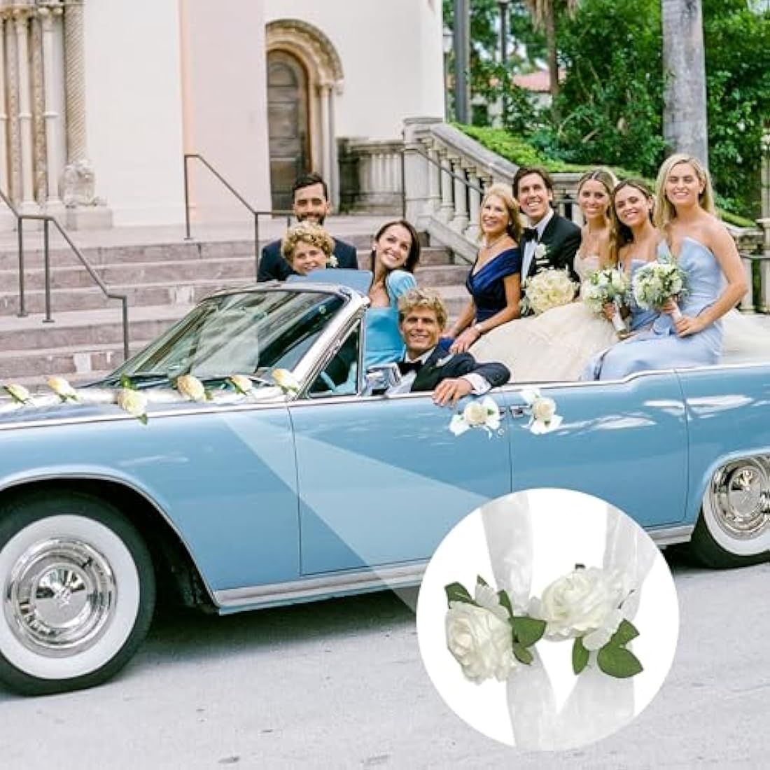 Nueva Vida Wedding Car Decoration – Silk Flower Garland with Door Ribbons