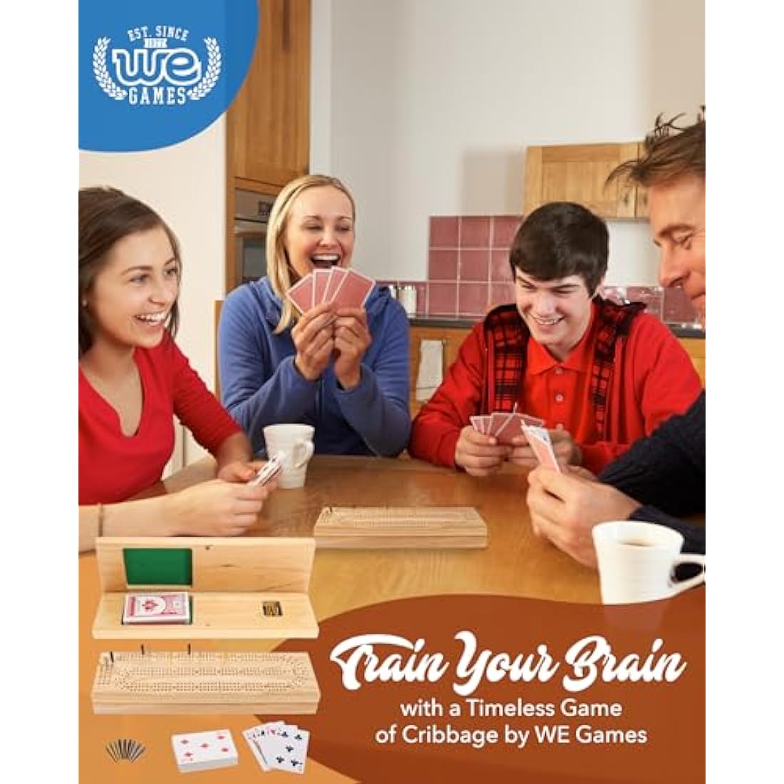 WE Games Solid Wood Cabinet Cribbage Set | 3-Lane Board with Metal Pegs