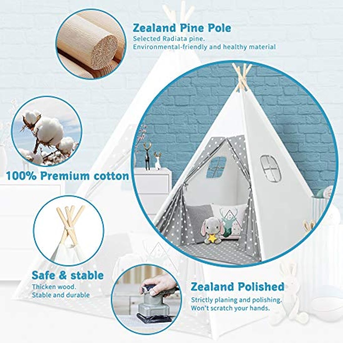 Wilwolfer Kids Teepee Tent | Grey Canvas Play Tent for Indoor & Outdoor