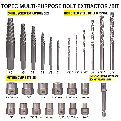 Topec 26-Piece Broken Bolt Extractor Set | Stripped Screw & Nut Remover Kit