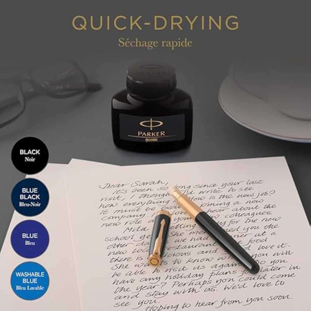 Parker Quink Fountain Pen Ink Bottle - Black Refill - 57 ml Glass Bottle