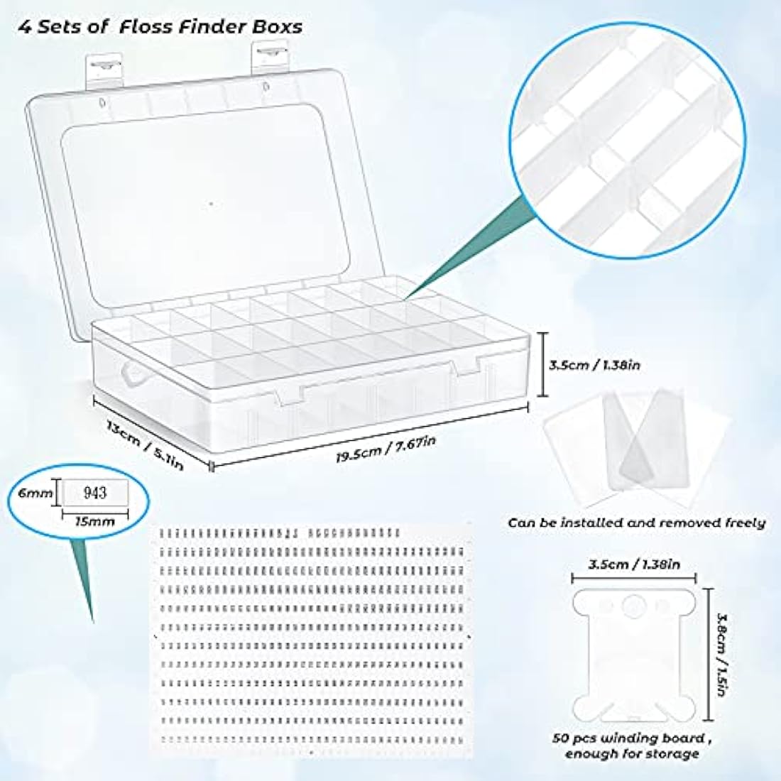 Queekay Embroidery Floss Organizer Box Set with 200 Bobbins - 4 Pack
