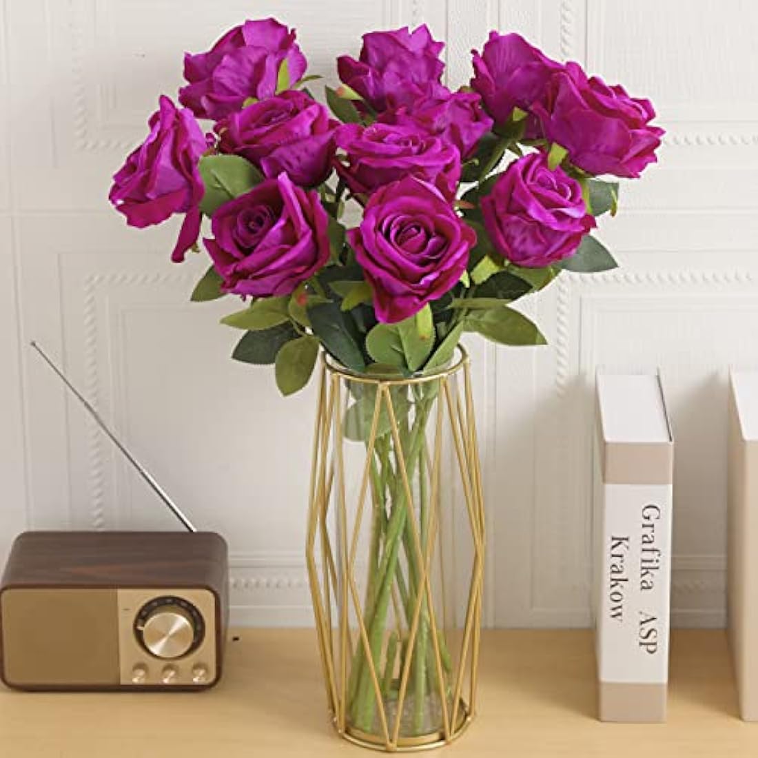 Cloudecor Purple Velvet Artificial Roses - 15Pcs Long Stem Silk Flowers