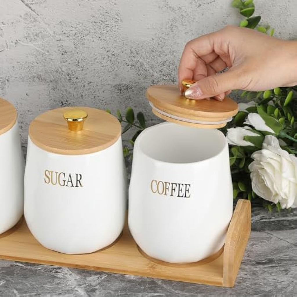 Jolof Store Ceramic Kitchen Canisters - 3pc Airtight Food Jars with Tray