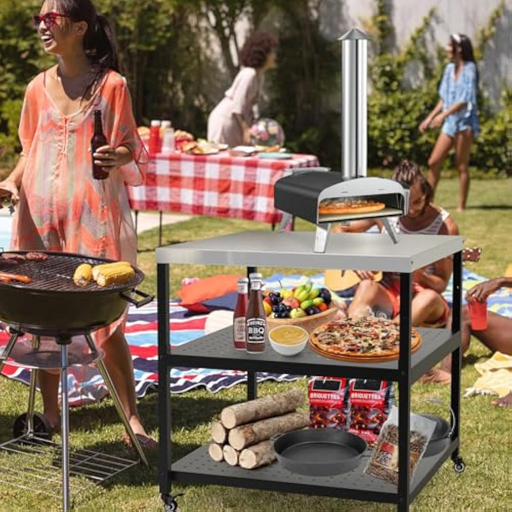 Heavy Duty Pizza Oven Stand | Stainless Steel Table with Wheels