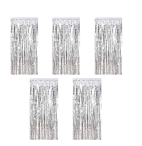 Kioneer Silver Metallic Tinsel Foil Fringe Curtains - 5 Pack, 3x10ft
