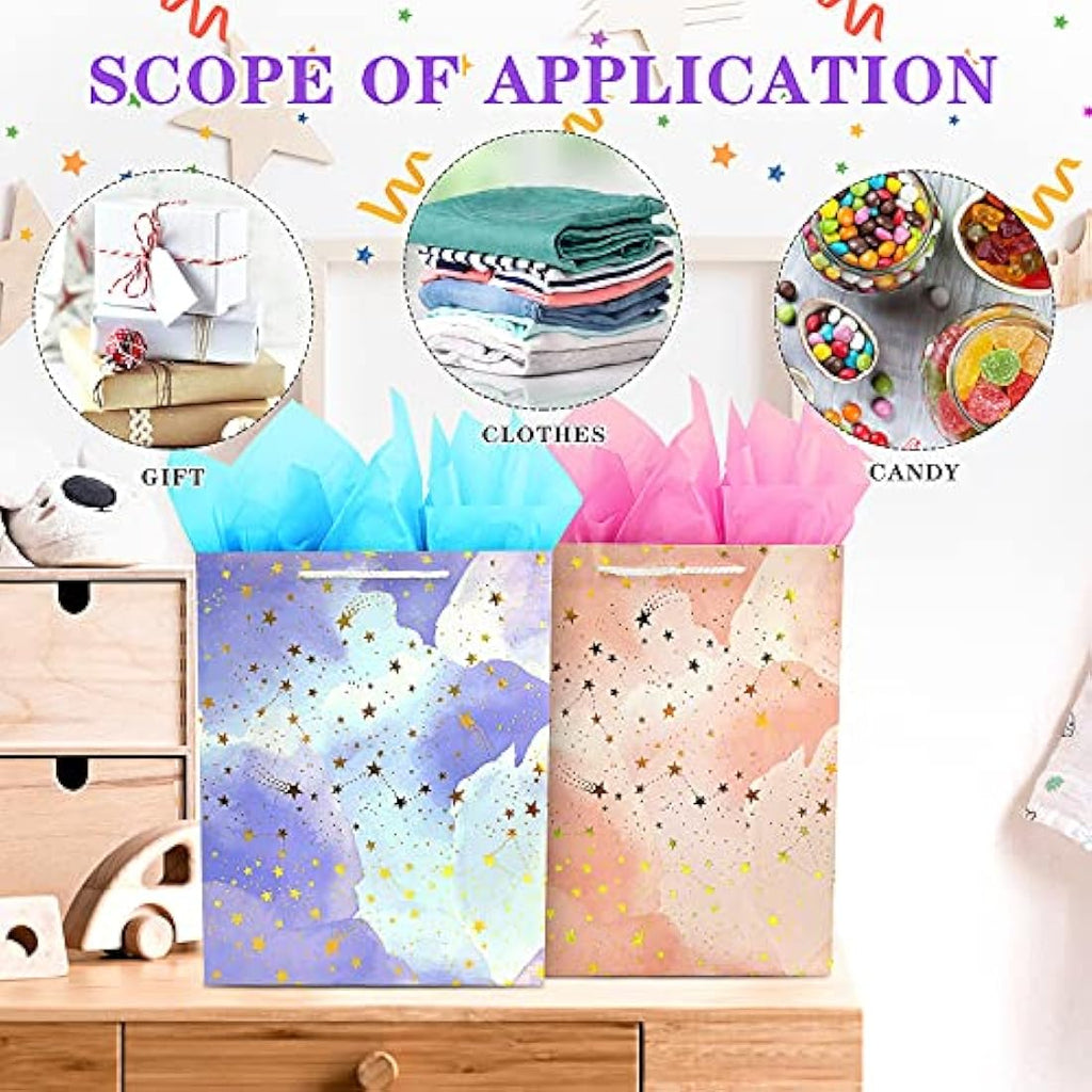 Large Gift Bags with Tissue Paper – 2 Pack Pink & Blue Set