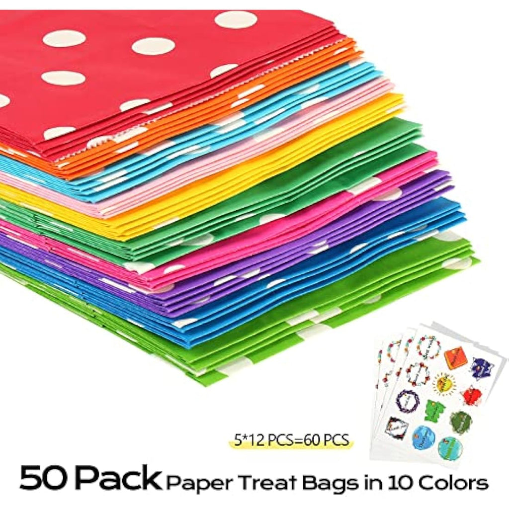 TOOELMON 50pcs Kraft Paper Party Bags with Stickers – Dots Goodie Treat Bags