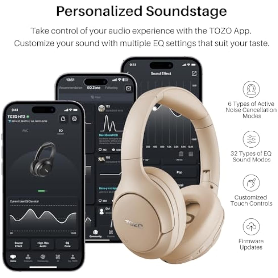 TOZO HT2 Hybrid Active Noise Cancelling Over Ear Wireless Headphones