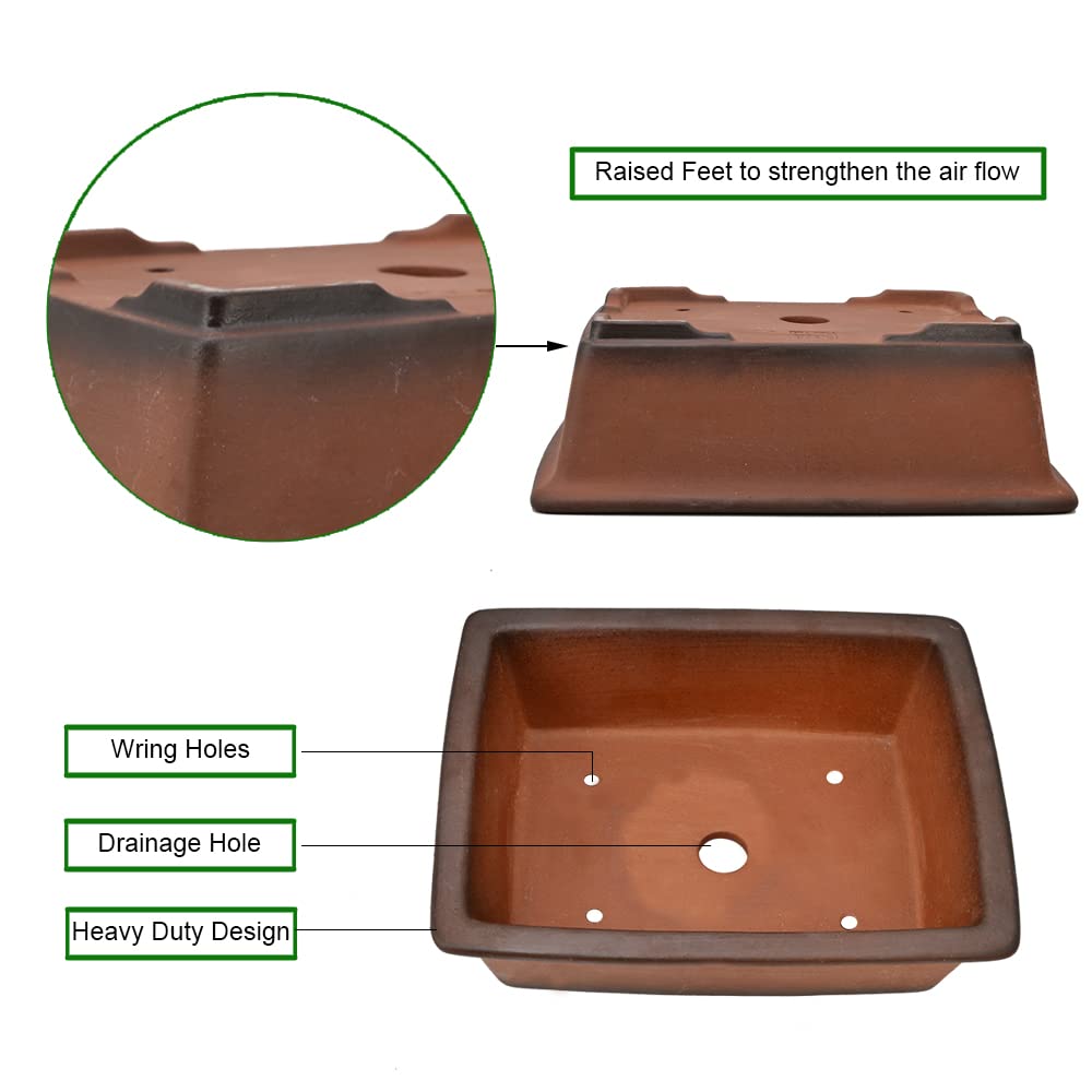 MUZHI 8.5 Inch Zisha Clay Bonsai Planter Pot with Tray - Unglazed Rectangle