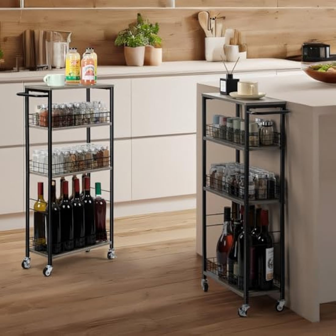 Jolof Store 4-Tier Slim Rolling Kitchen Storage Cart with Wood Top – Grey