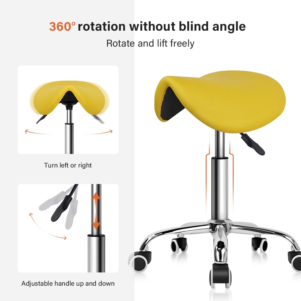 KKTONER Rolling Saddle Stool – Adjustable PU Leather Swivel Salon Chair