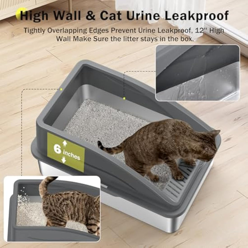 FURTIME Stainless Steel Cat Litter Box – Extra Large High Sided Tray