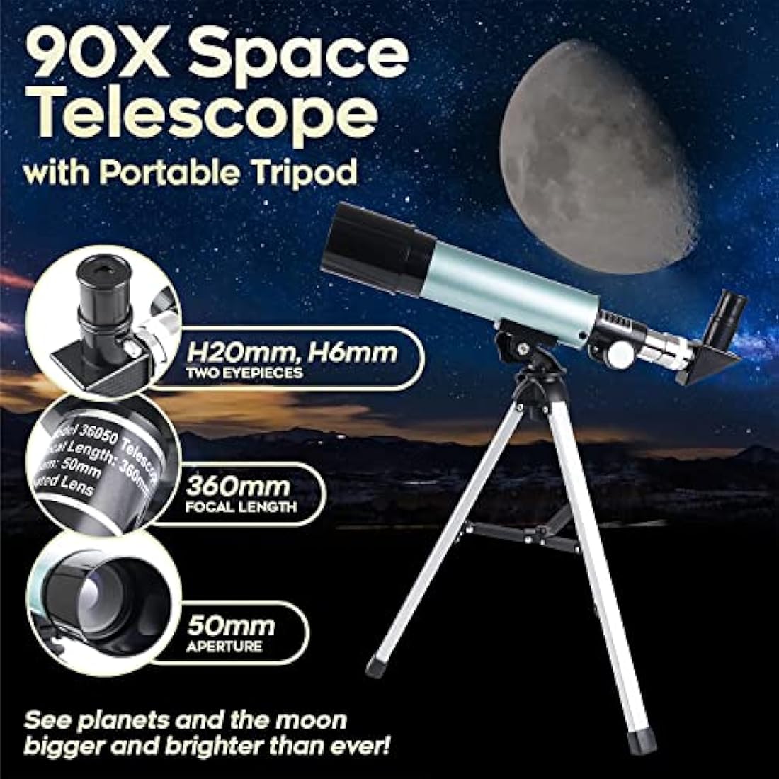 Mijiao Astronomical Telescope for Kids – 90X HD Portable Refractor