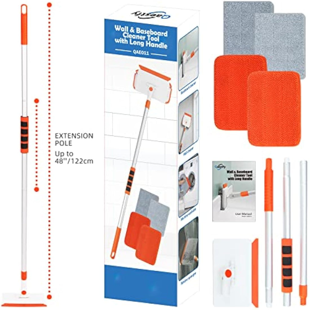 Qaestfy Wall & Baseboard Cleaner Mop with 122cm Long Handle & 4 Pads
