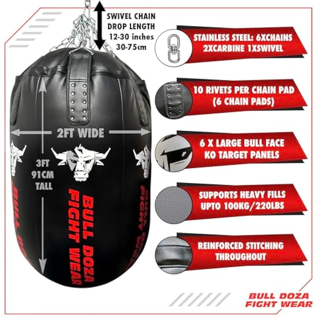 Bull Doza Bullet Punch Bag | 100kg Heavy-Duty Self-Fill Boxing Bag