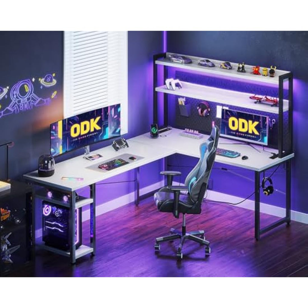 ODK L-Shaped Gaming Desk with LED Lights and Power Outlets - White