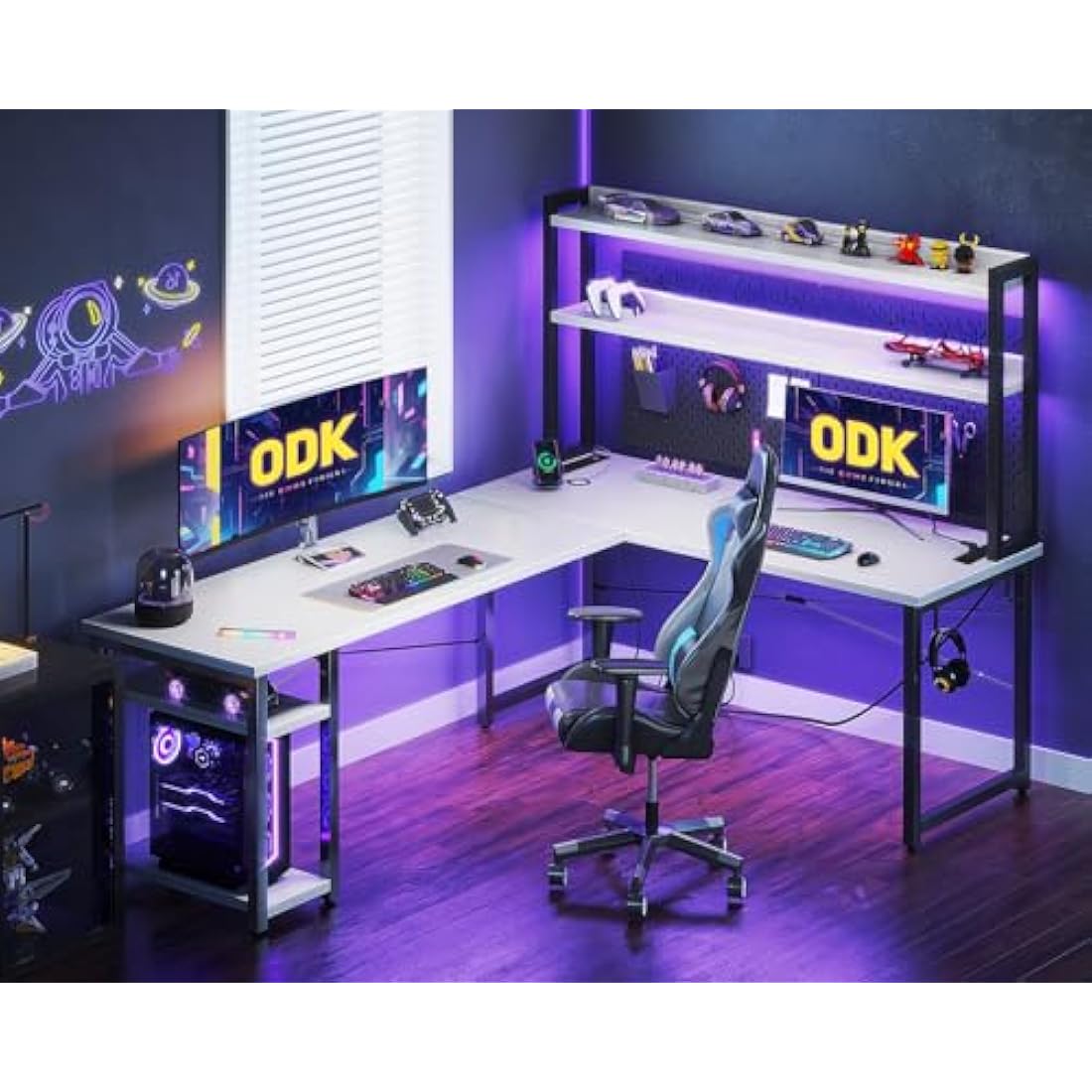ODK L-Shaped Gaming Desk with LED Lights and Power Outlets - White
