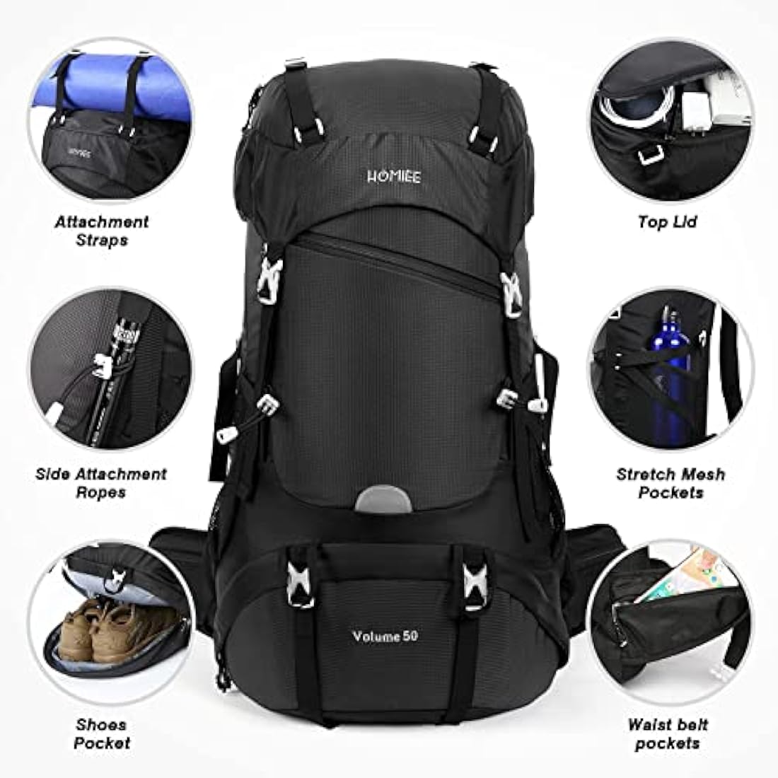 HOMIEE 50L Waterproof Hiking Backpack – Lightweight Trekking Rucksack